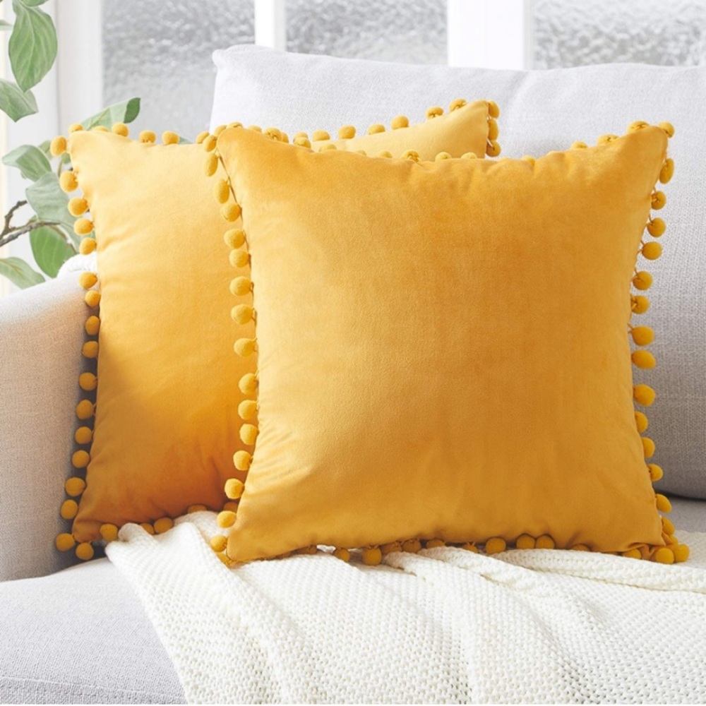 16x16 2pk Yellow Boho Pom Pom Pillow Covers